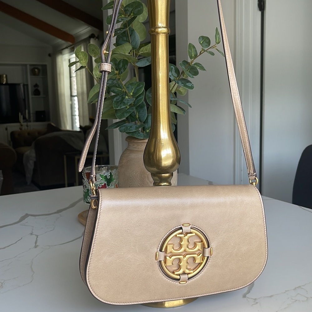 Tory Burch Miller Glazed Leather Clutch almond flour